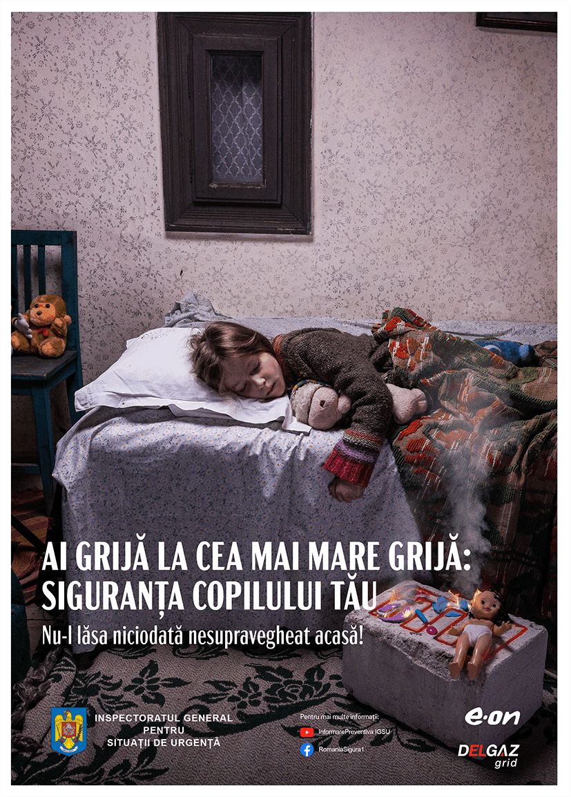 Campania IGSU/E.ON — copil dormind lângă o sobă cu jucărie arzând